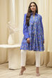 Blue Cotton Printed Shirt-Style Tiered Kurta image number 5