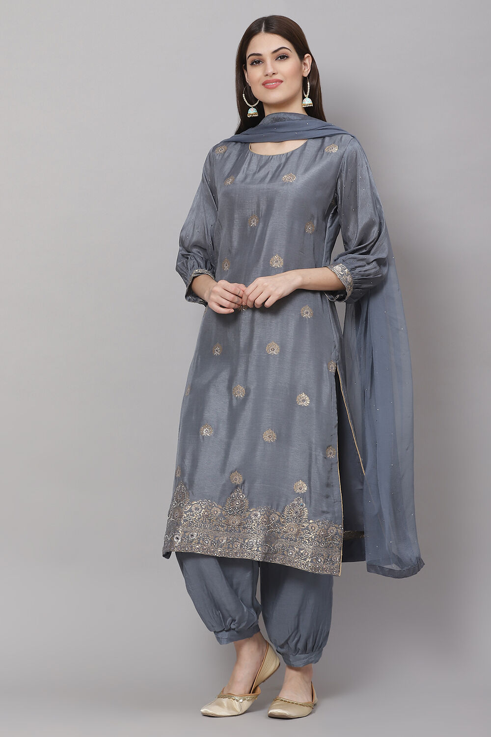 Beige Chanderi Digital Print Unstitched Suit Set image number 3