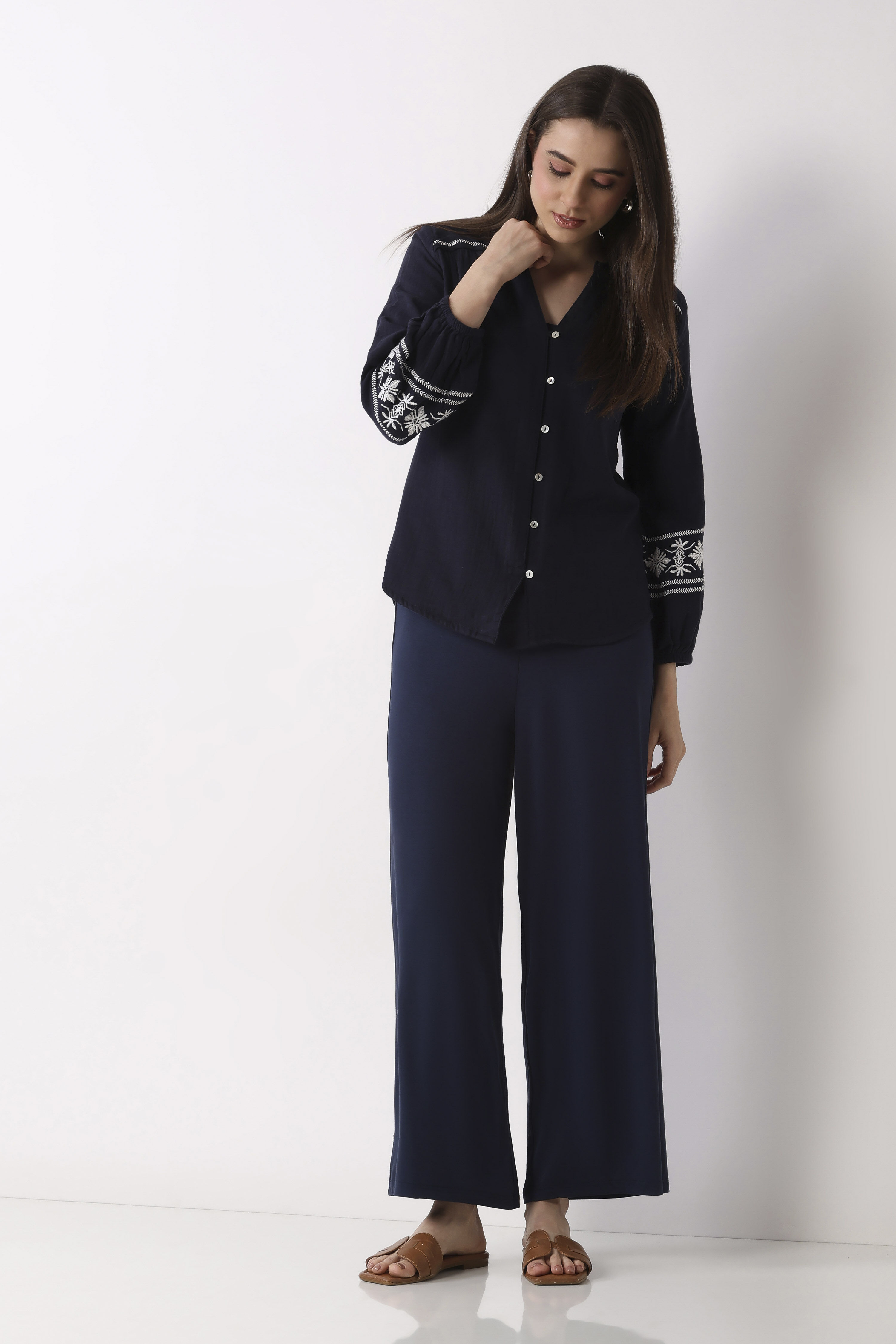 Navy Viscose Lycra Relaxed Palazzos image number 0