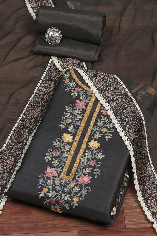 Teal Chanderi Unstitched Suit Set image number 0