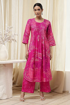 Pink Cotton Printed Pleated Kurta Set image number 6