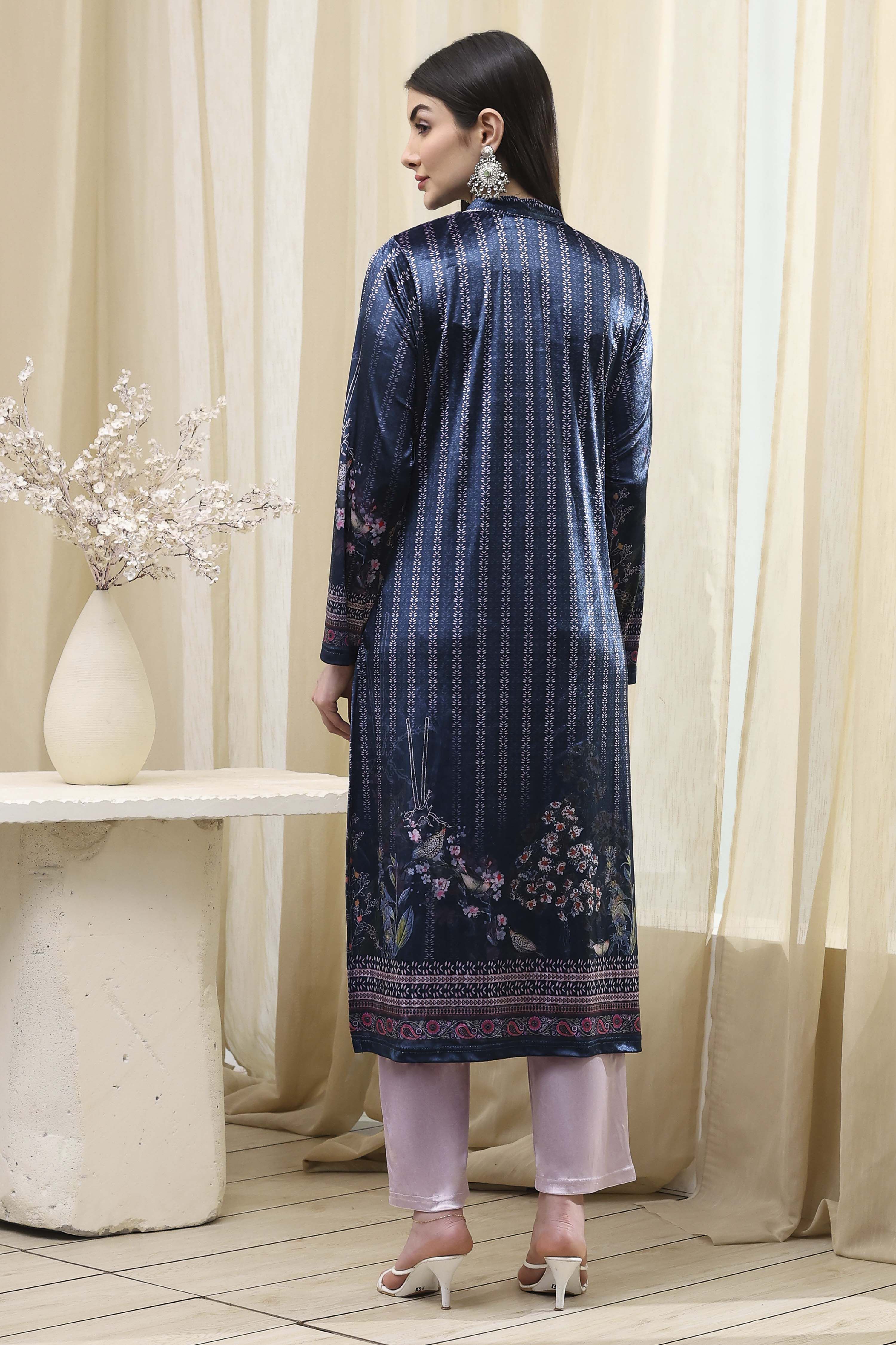 Petrol Blue Polyester Straight Printed Kurta Slim Pant Suit Set image number 4