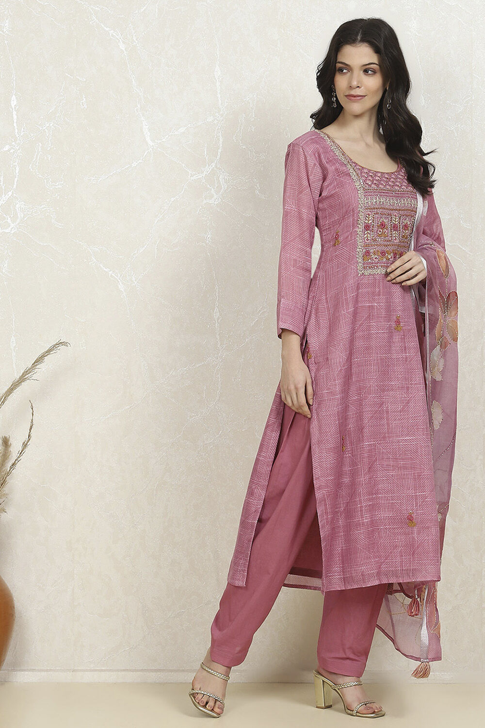 Pink Cotton Hand Embroidered Unstitched Suit Set image number 6