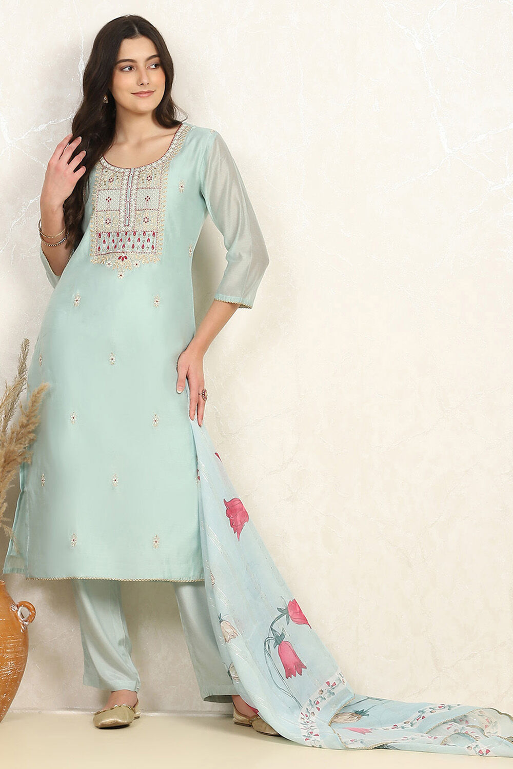 Beige Cotton Blend Machine Embroidered Unstitched Suit Set image number 1