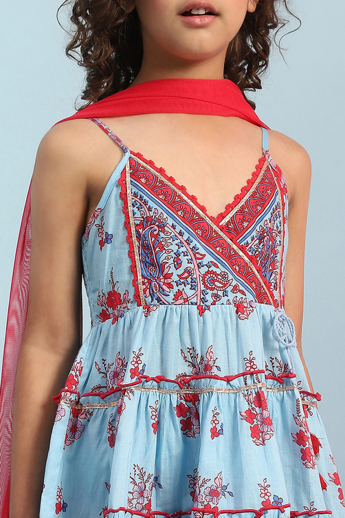 Sky Blue Cotton Printed Tiered Suit Set image number 1