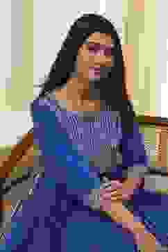 Blue Cotton Embroidered Anarkali Suit Set image number 7