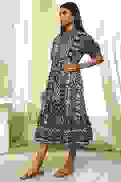 Black and Beige Cotton Printed Tiered Dress image number 2