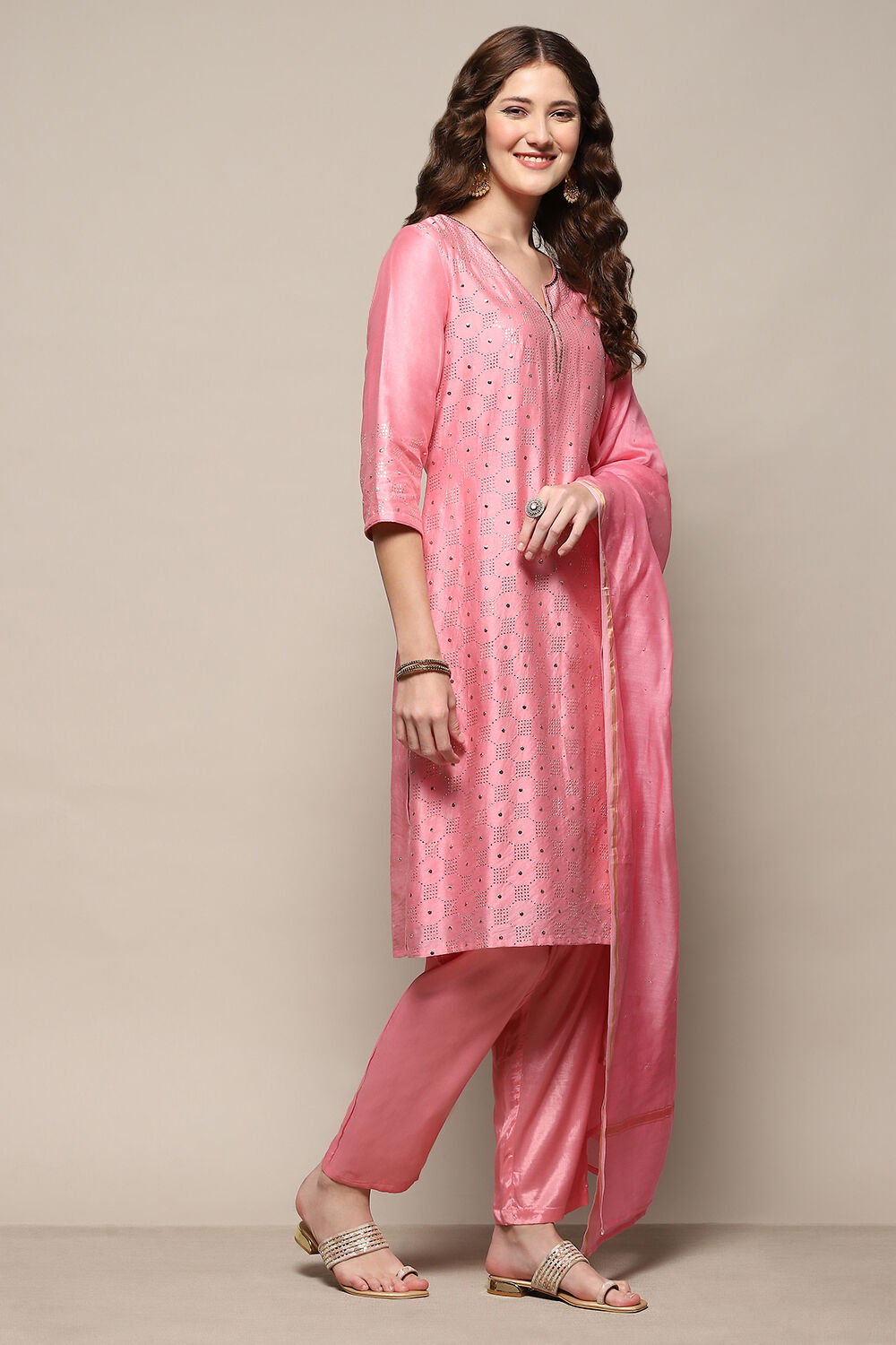 Pink Yard-Dyed Chanderi Kurta & Pants Suit Set image number 6