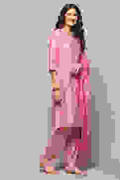 Pink Yard-Dyed Chanderi Kurta & Pants Suit Set image number 6