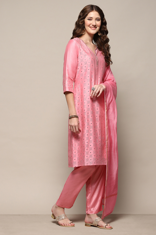 Pink Yard-Dyed Chanderi Kurta & Pants Suit Set image number 6