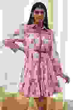 Peach-Colored Cotton  Floral Tiered Dress image number 7