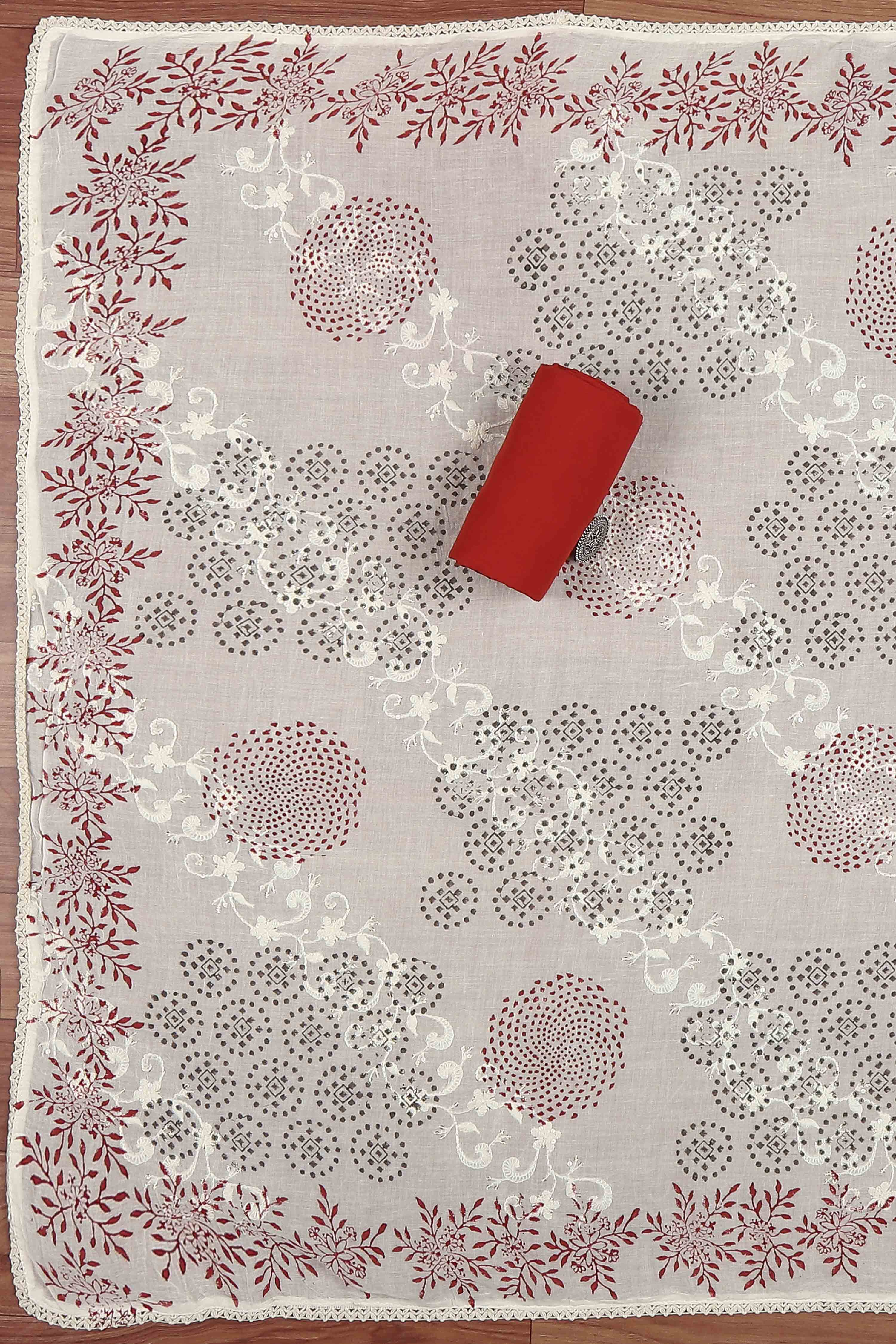 Red Cotton Printed Embroidered Unstitched Suit Set image number 3