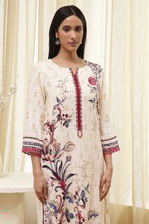 Ecru Floral Printed Straight Kurta image number 1