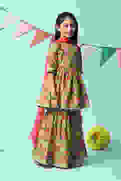 Lime Green Cotton Gathered Printed Kurta Sharara Suit Set image number 6