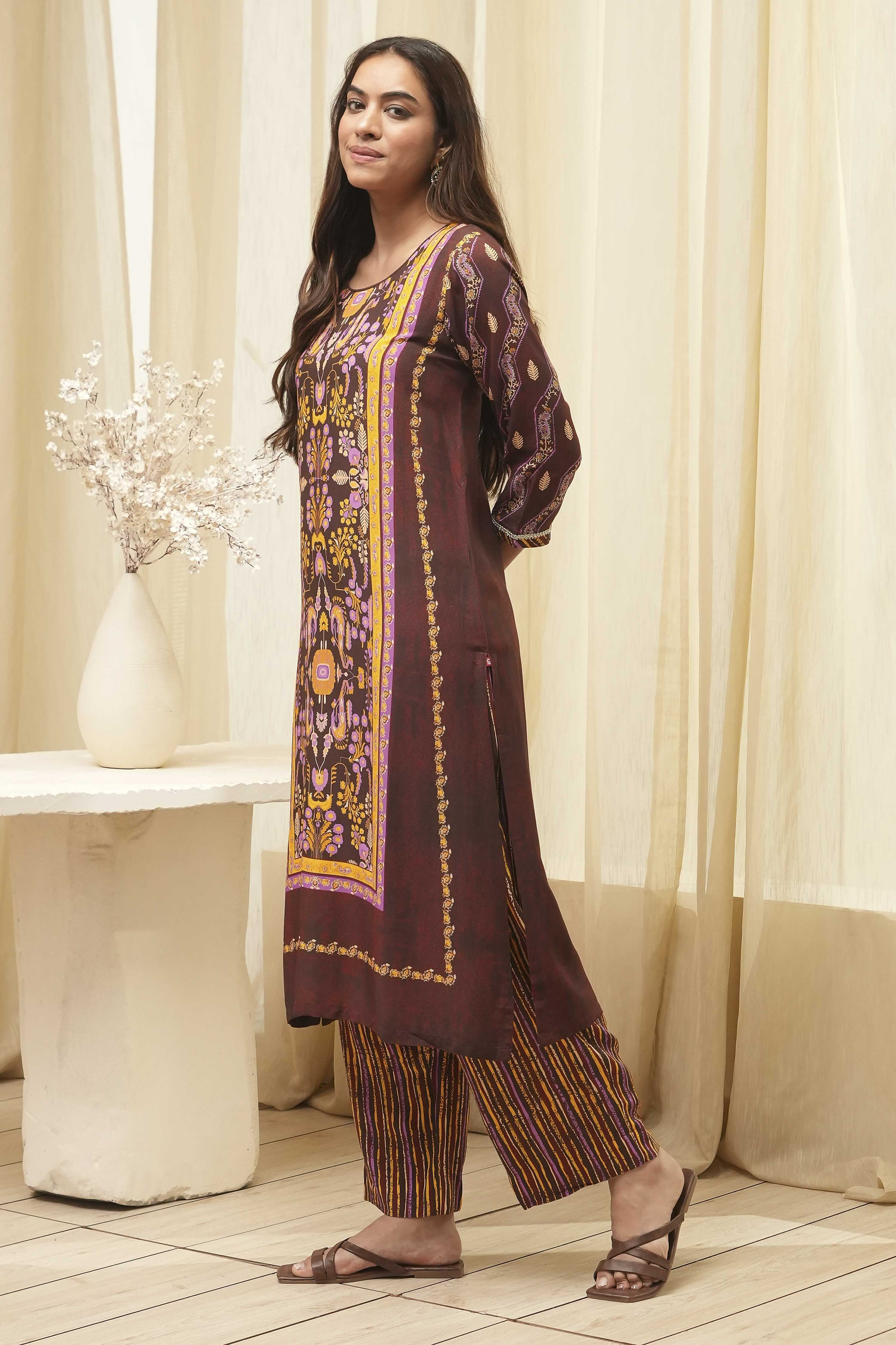 Maroon Cotton Straight Kurta Palazzo Suit Set image number 3