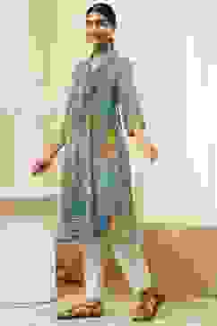 Blue Printed Pleated A-Line Kurta image number 2