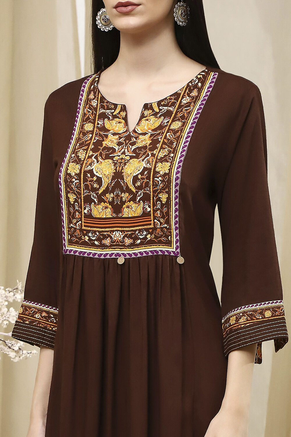 Brown Solid Gathered Straight Suit Set image number 1