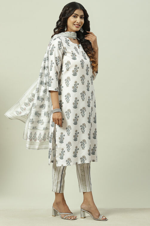 Off White Linen Digital Print Unstitched Suit Set image number 6