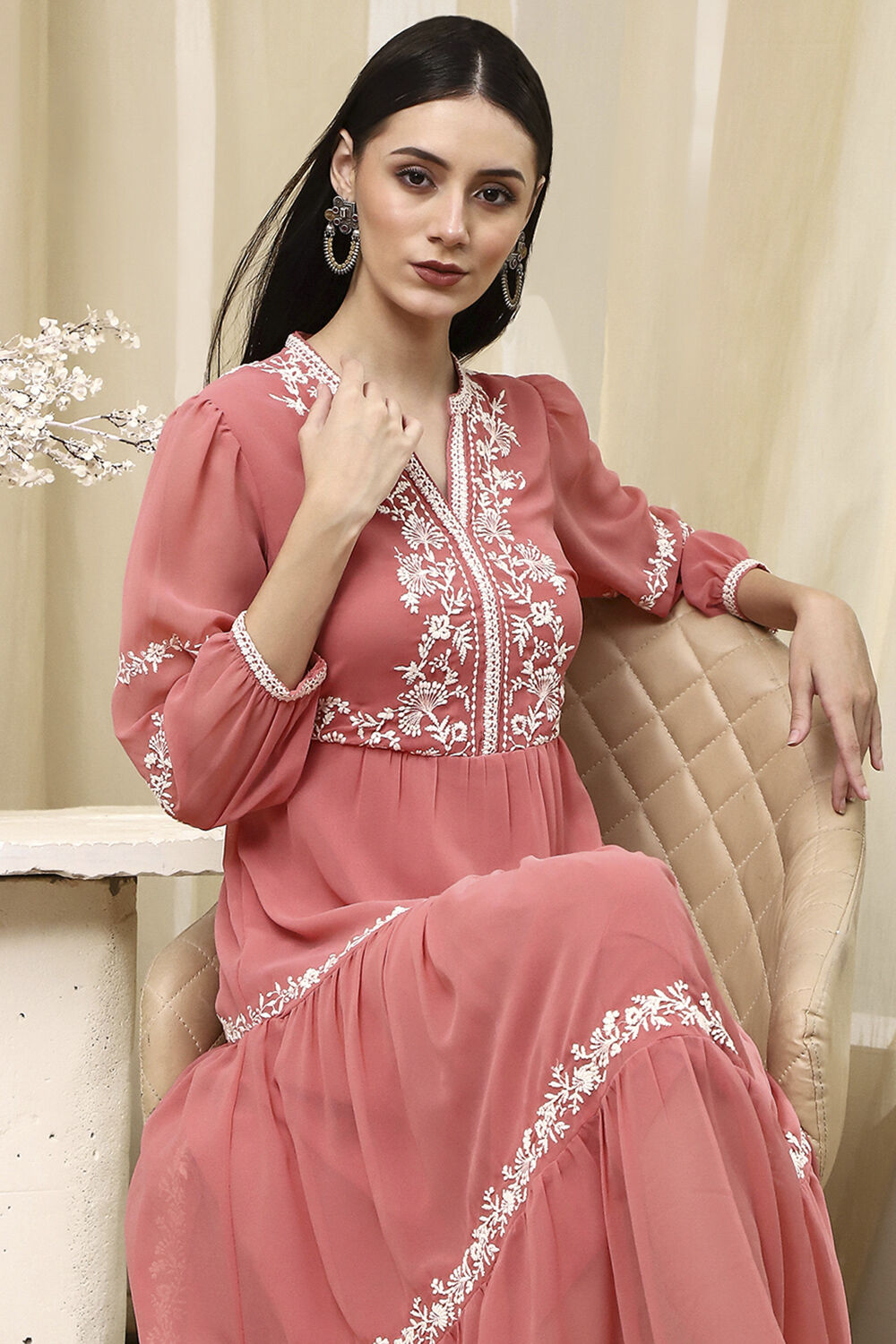 Light Pink Embroidered Tiered Dress image number 6