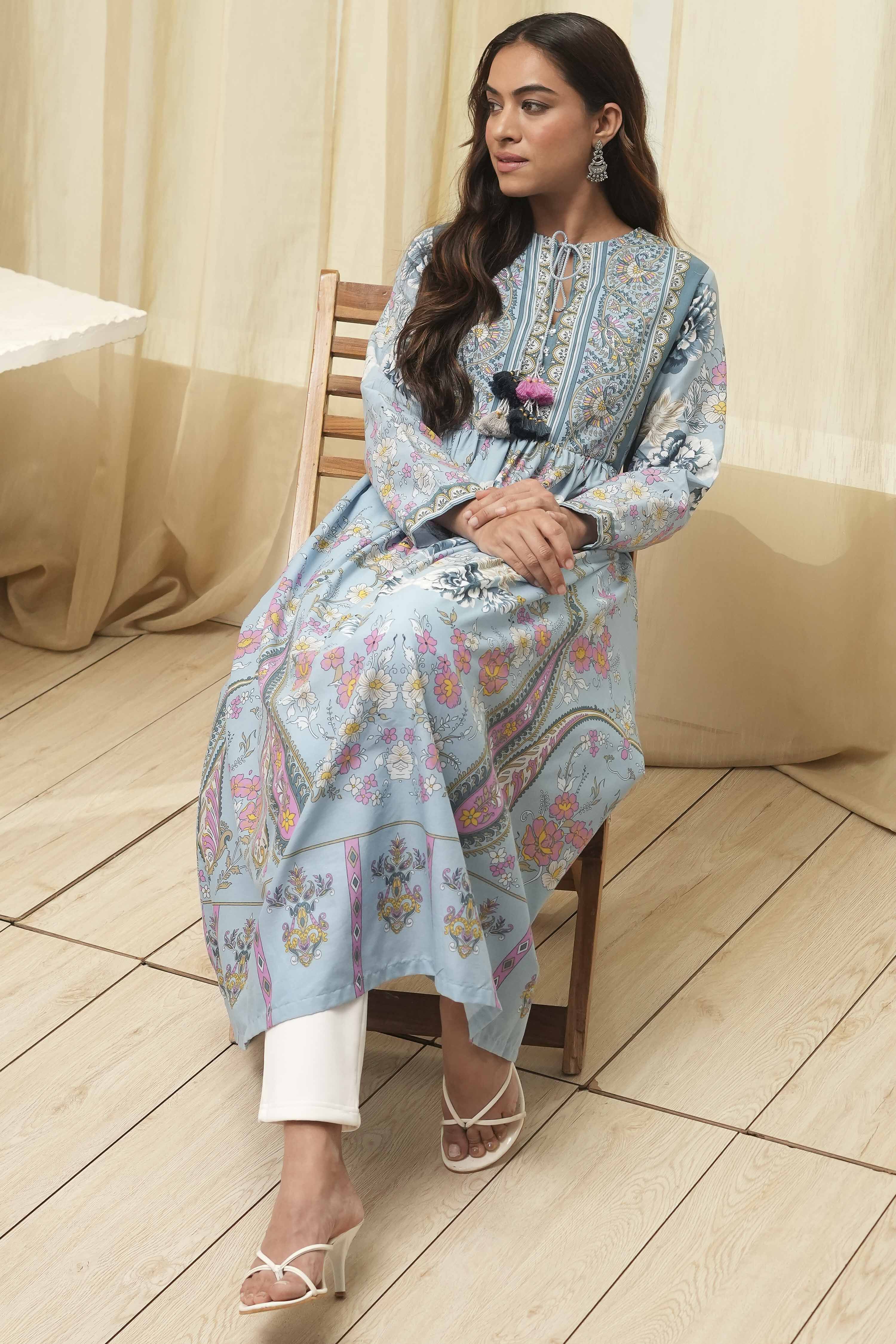 Dull Blue Cotton Printed Flared Kurta image number 0
