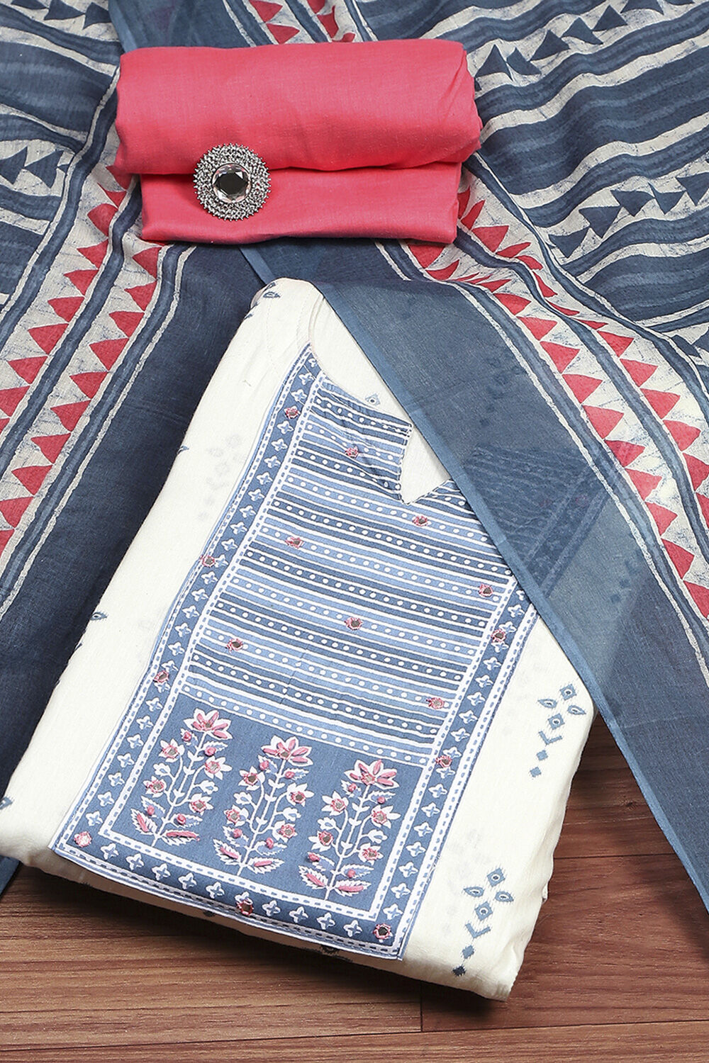 Grey Cotton Printed Embroidered Unstitched Suit Set image number 0