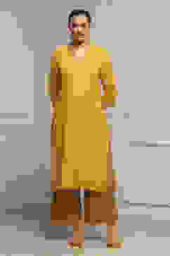 Yellow Cotton Yarndyed Straight Kurta image number 0