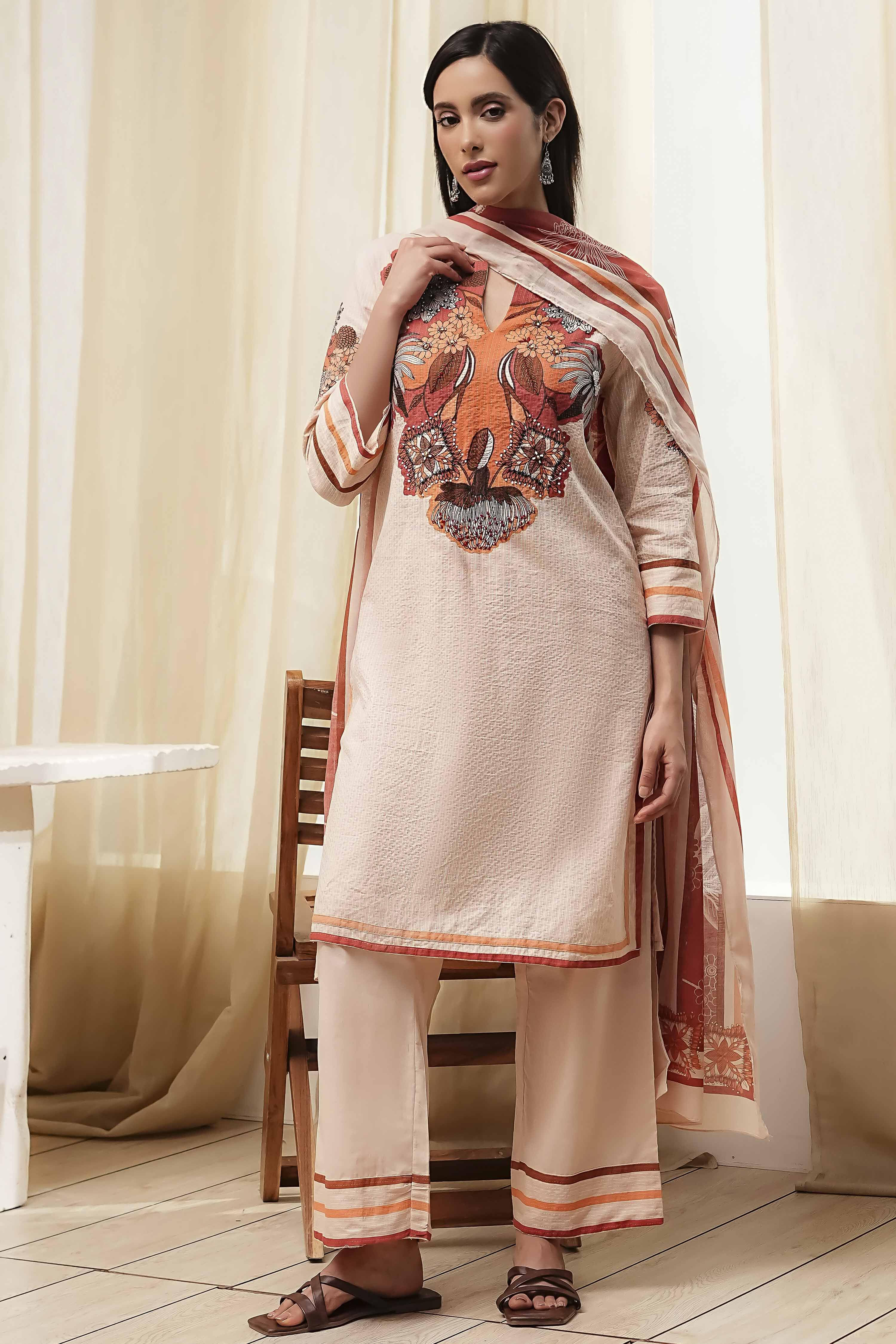 Peach-Toned Cotton Straight Suit Set image number 0