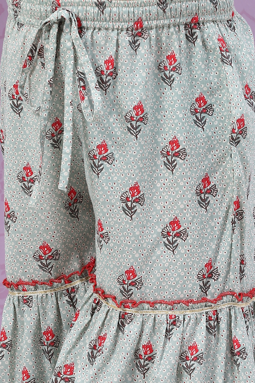 Smokey Blue Cotton Tiered Kurta Garara Suit Set image number 2