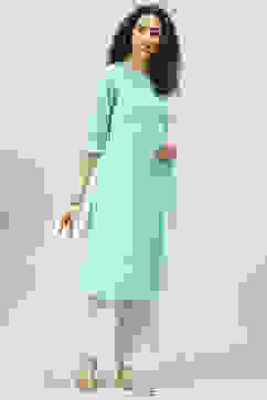 Aqua Blue and White Cotton Straight Suit Set image number 6