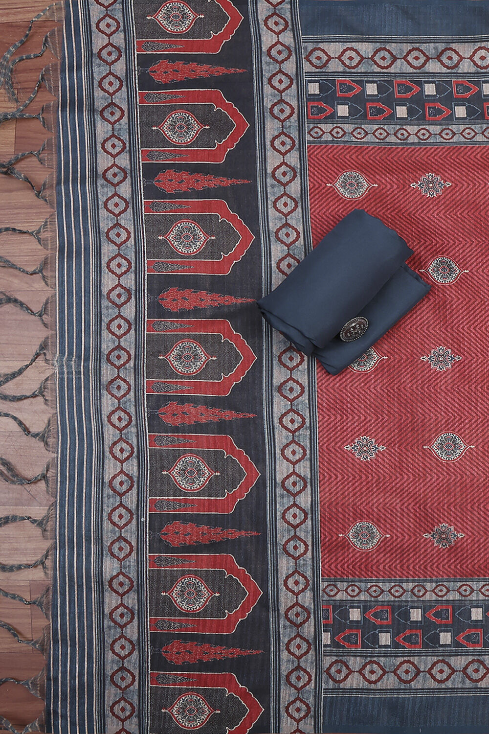 Blue Chanderi Printed Unstitched Suit Set image number 4