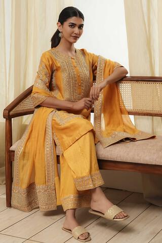 BIBA Ochre Yellow Cotton Silk Straight Kurta Set in Ochre Yellow