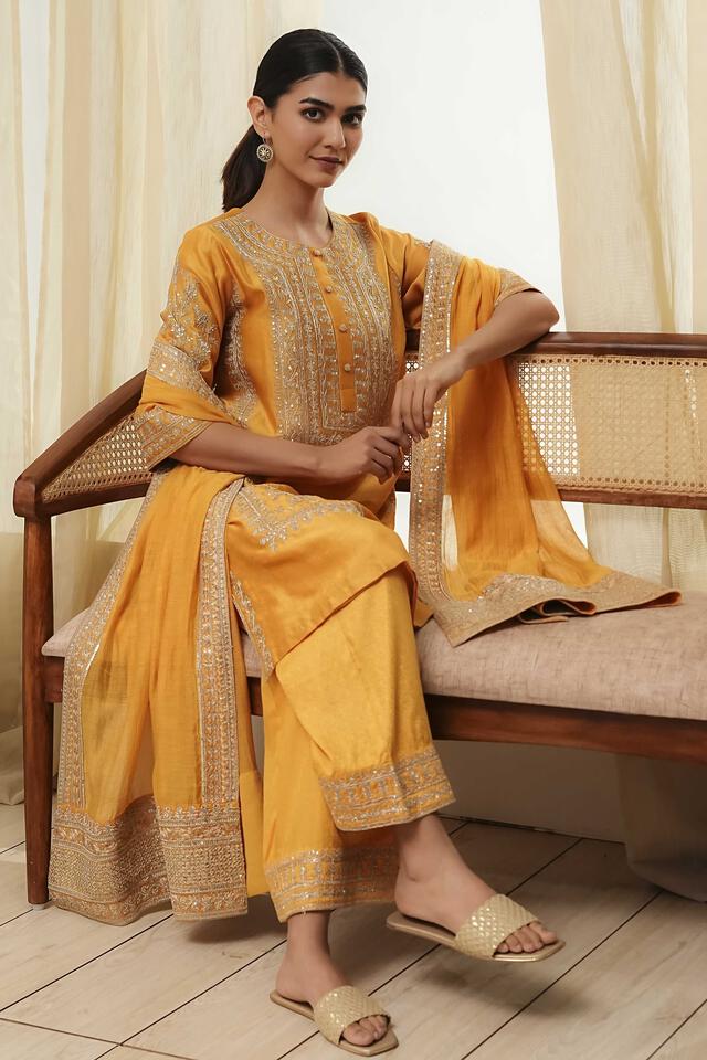 BIBA Ochre Yellow Cotton Silk Straight Kurta Set in Ochre Yellow