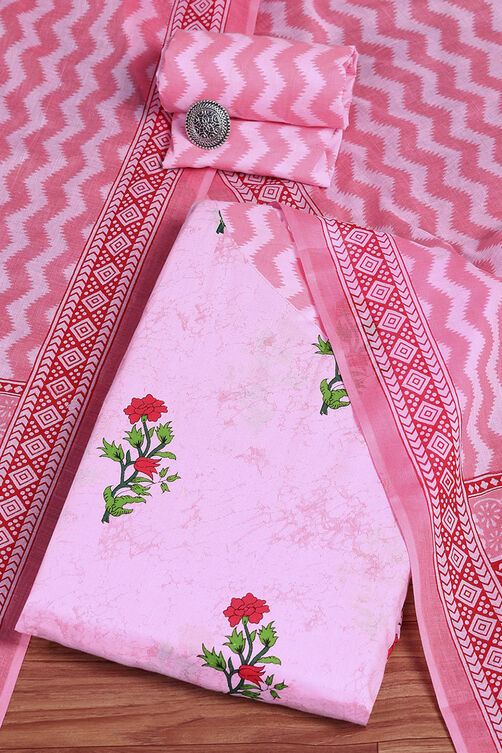 Pink Cotton Screen Print Unstitched Suit Set image number 0