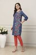 Indigo Blue Floral Printed Straight Kurta image number 2
