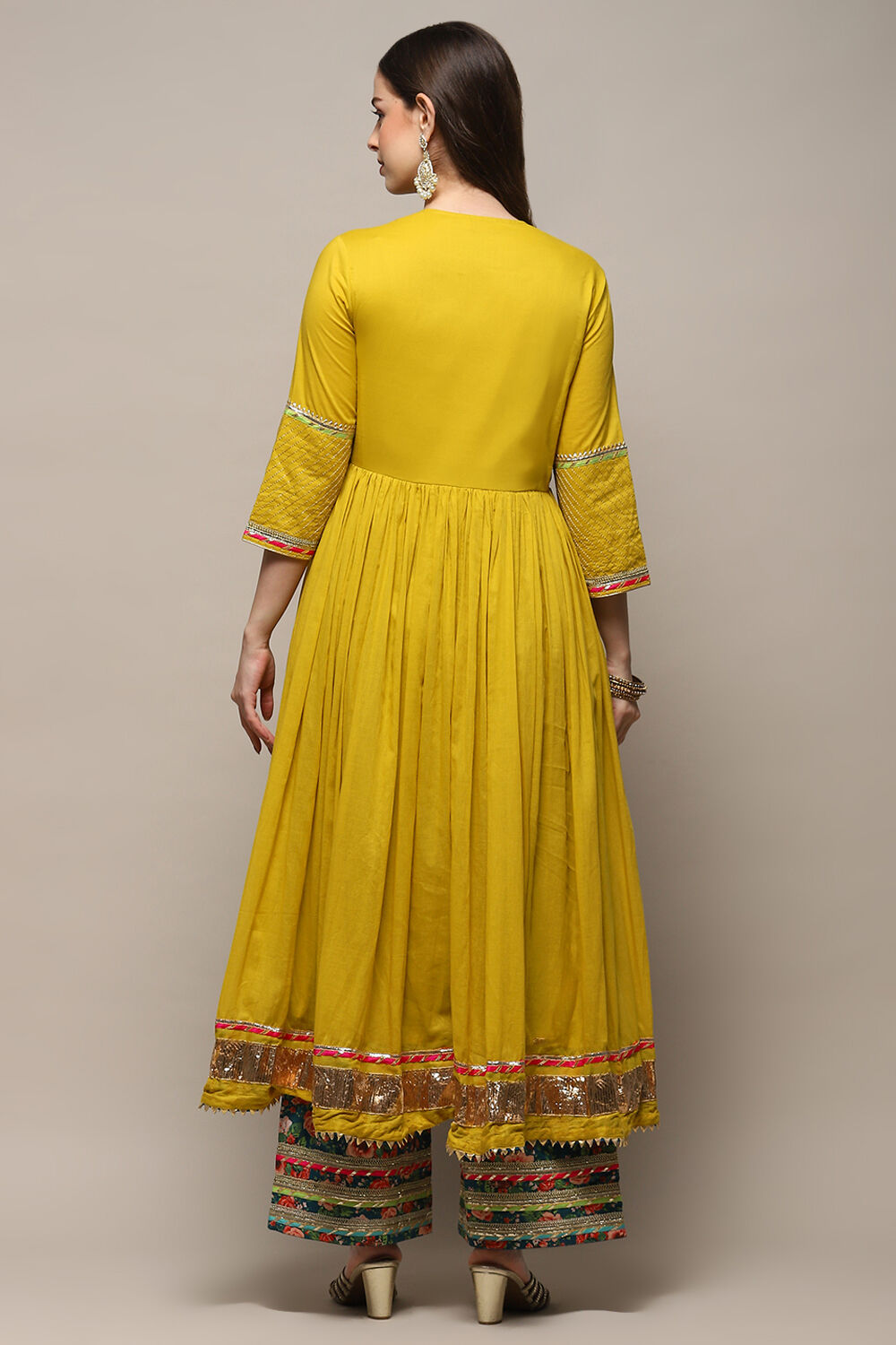 Lime Green Cambric Anarkali Kurta Palazzo Suit Set image number 5
