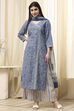 Turquoise Cotton Screen Print Unstitched Suit Set image number 1