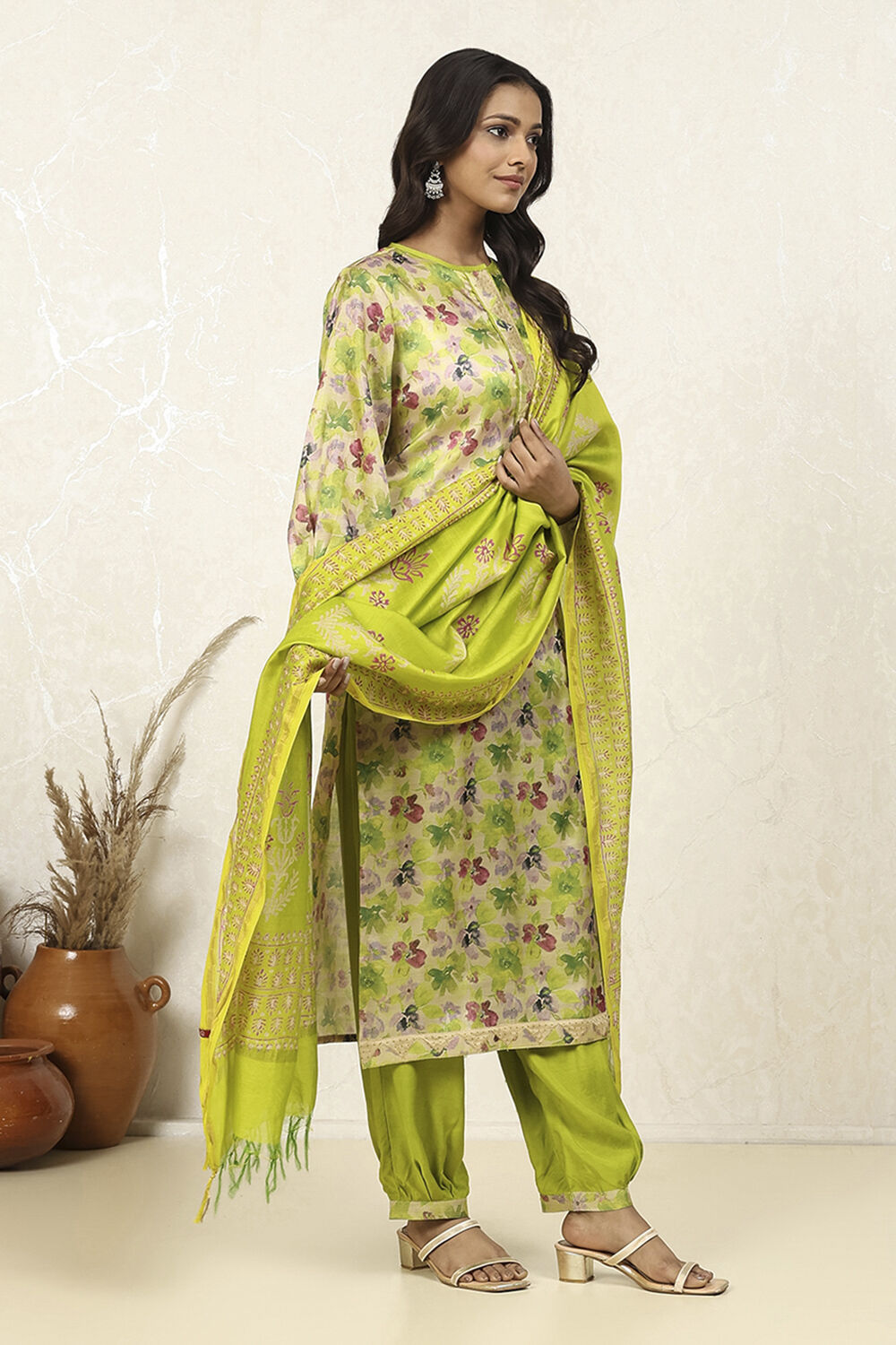 Green Cotton Hand Block Print Unstitched Suit Set image number 6