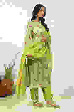 Green Cotton Hand Block Print Unstitched Suit Set image number 6