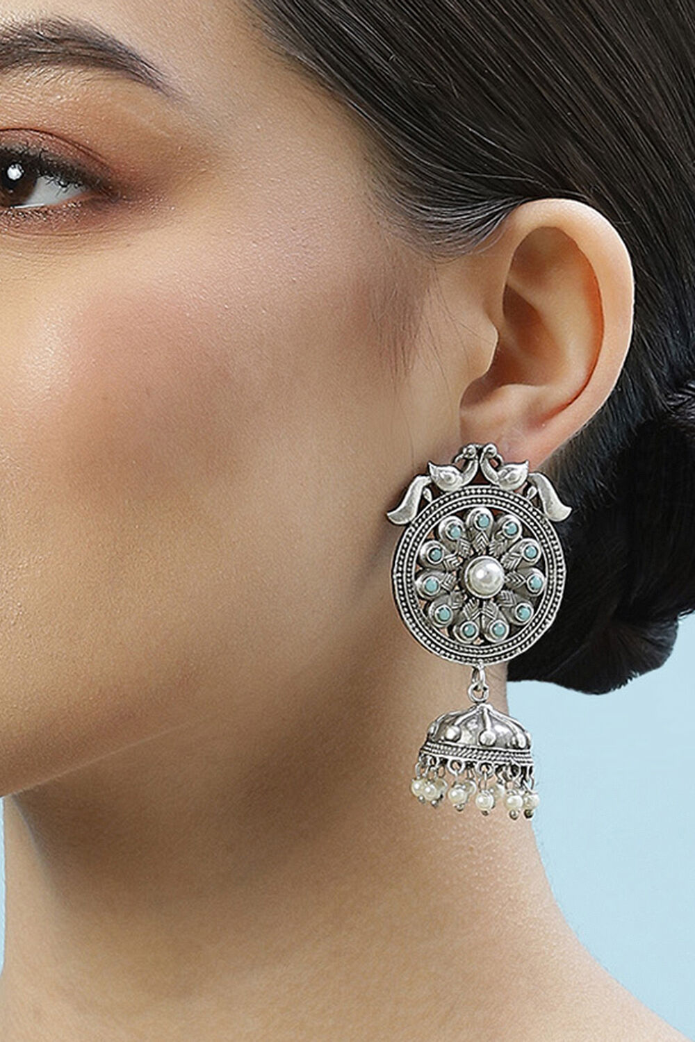 Oxidised Light Blue Brass Earrings image number 1