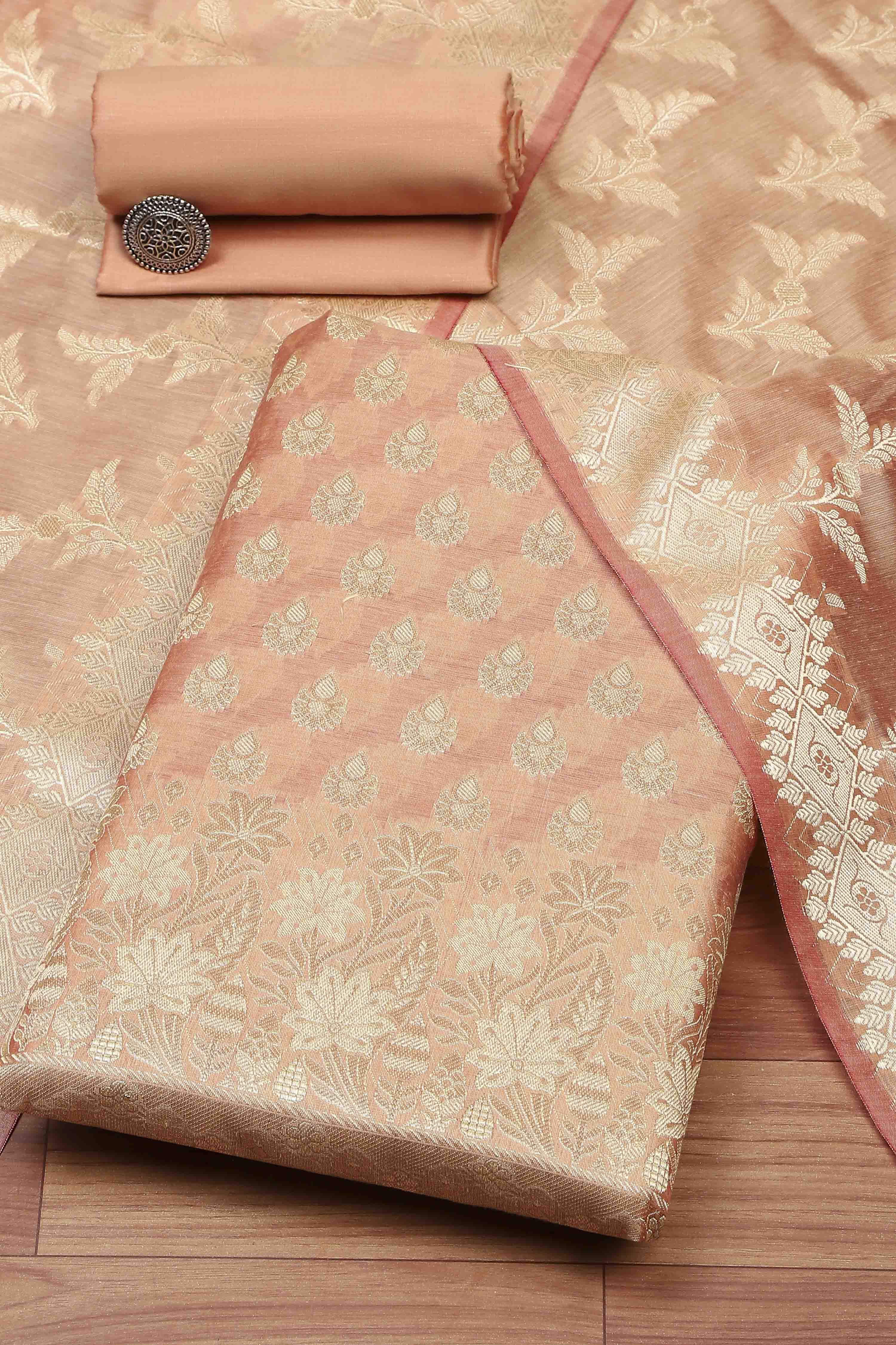 Peach Cotton Printed Embroidered Unstitched Suit Set image number 0