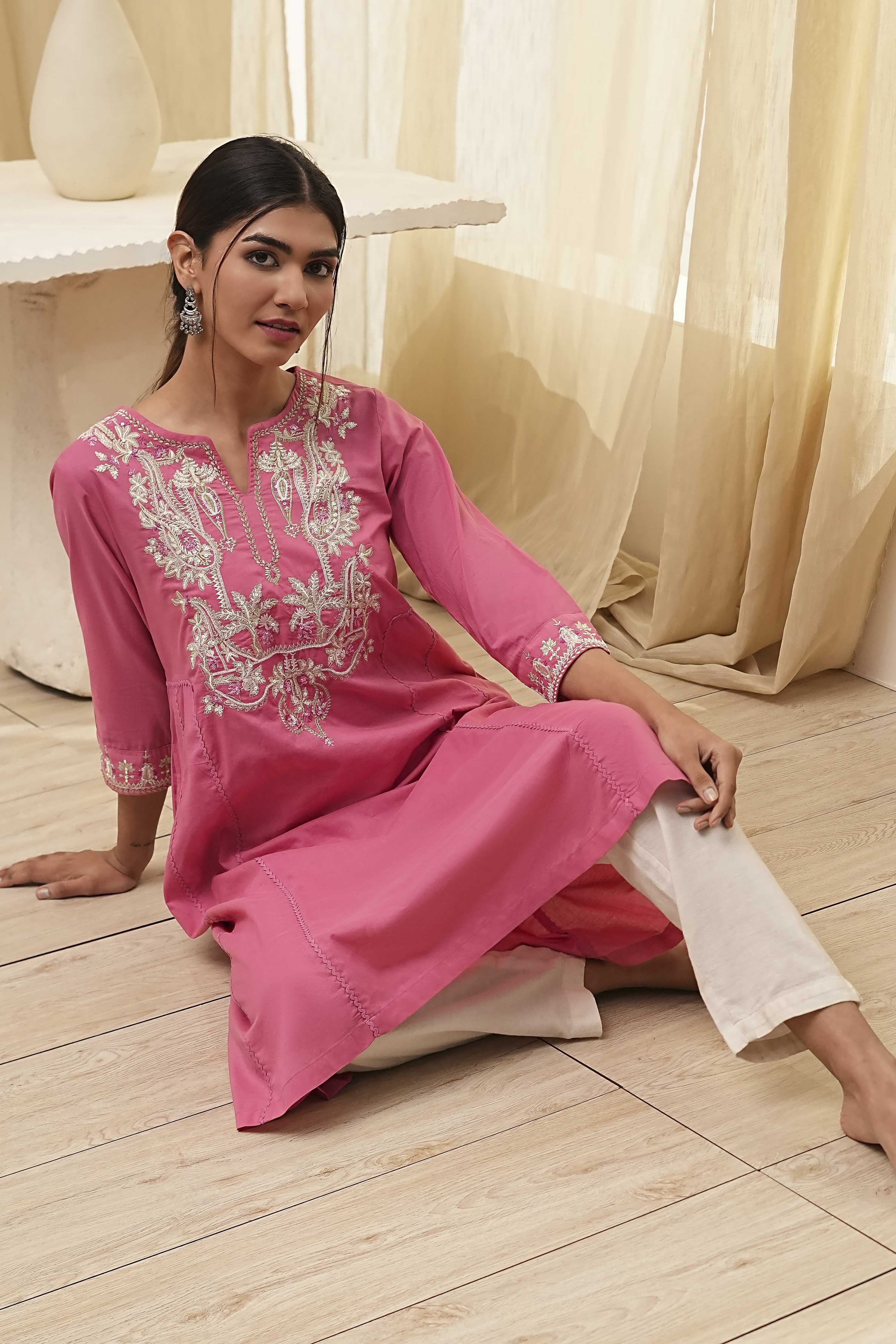 Pink Cotton Embroidered A-Line Kurta image number 0