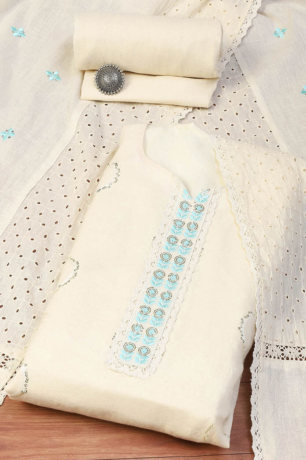 Off White Cotton Schiffly Unstitched Suit Set image number 0