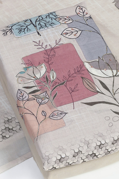 Beige Linen Blend Machine Embroidered Unstitched Suit Set image number 6
