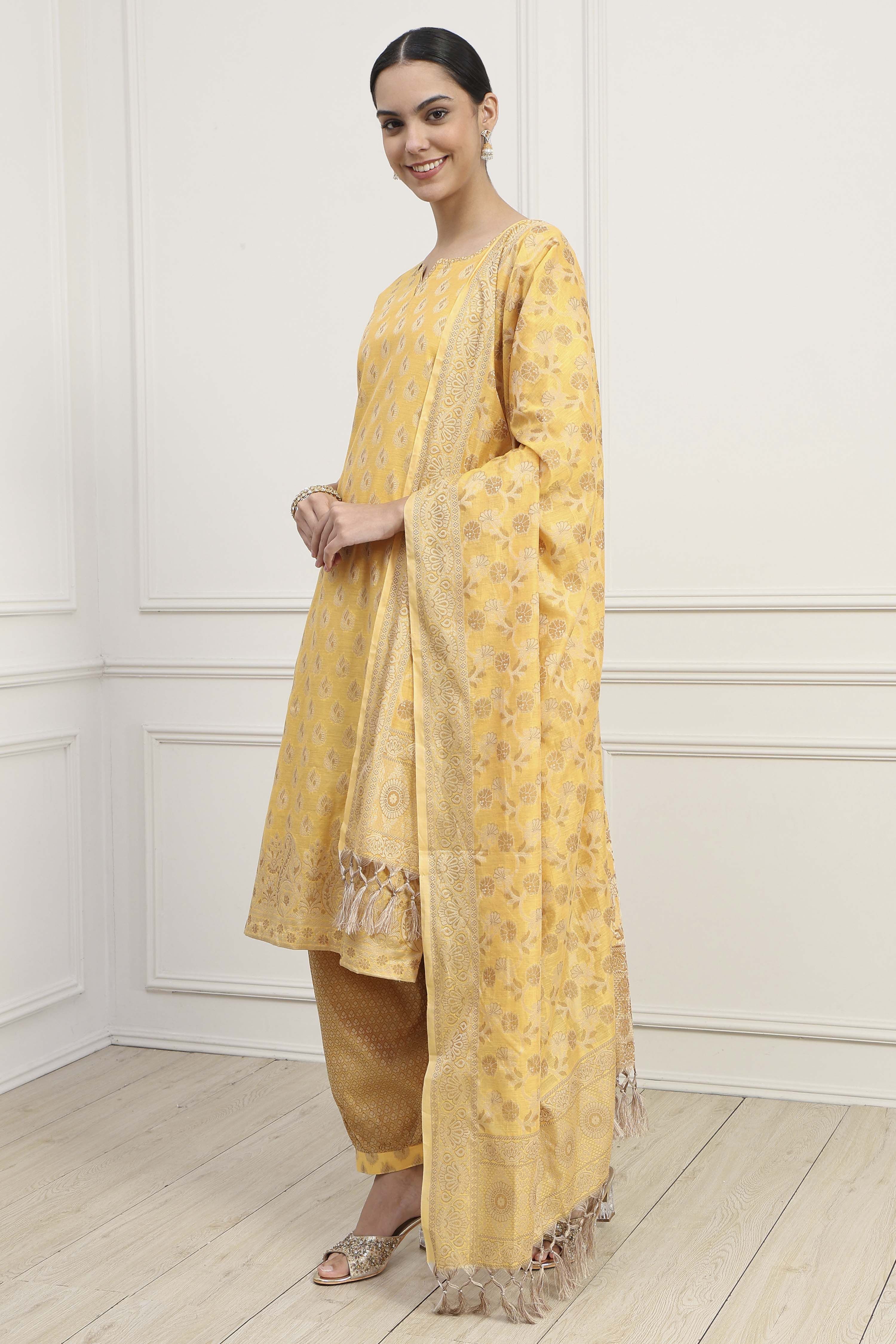Mustard Chanderi Blend Brocade Unstitched Suit Set image number 4