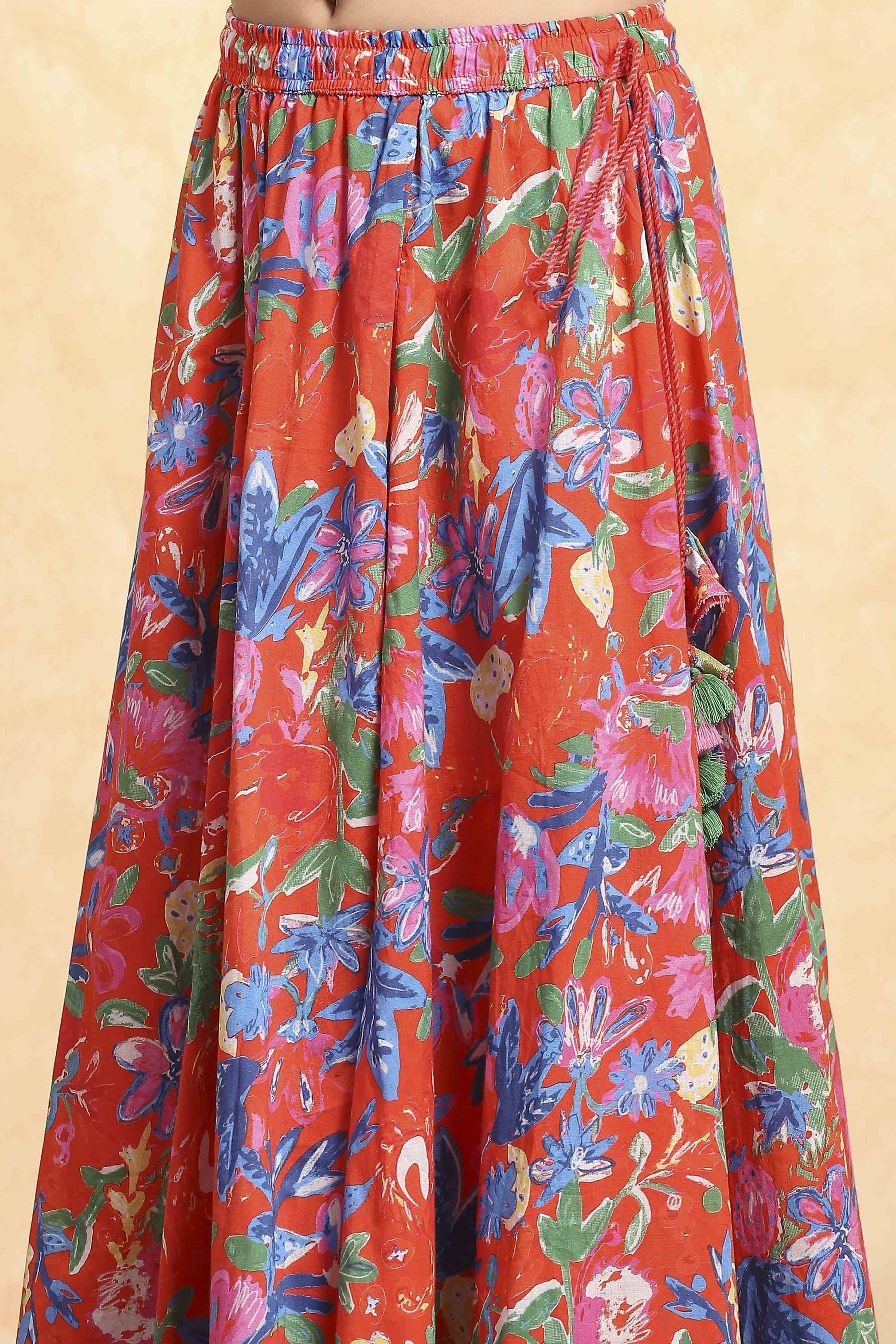 Red Viscose Rayon Flared Printed Lehenga Set image number 2