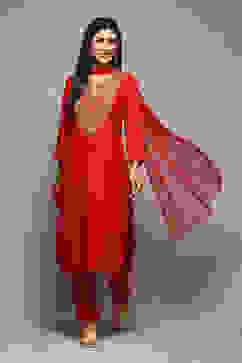 Coral Red LIVA Gathered Kurta Parallel Pants Suit Set image number 0