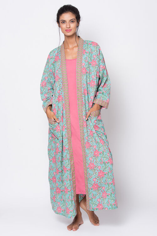 Teal And Pink Cotton Printed Sleepwear Robe image number 1