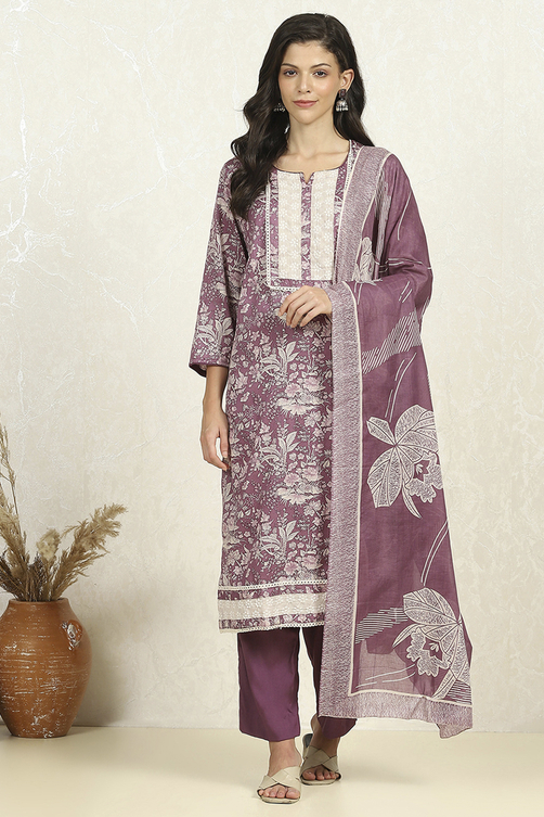 Purple Cotton Floral Printed Unstitched Suit Set image number 7