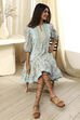 Blue Cotton Floral Printed Tiered Dress image number 0