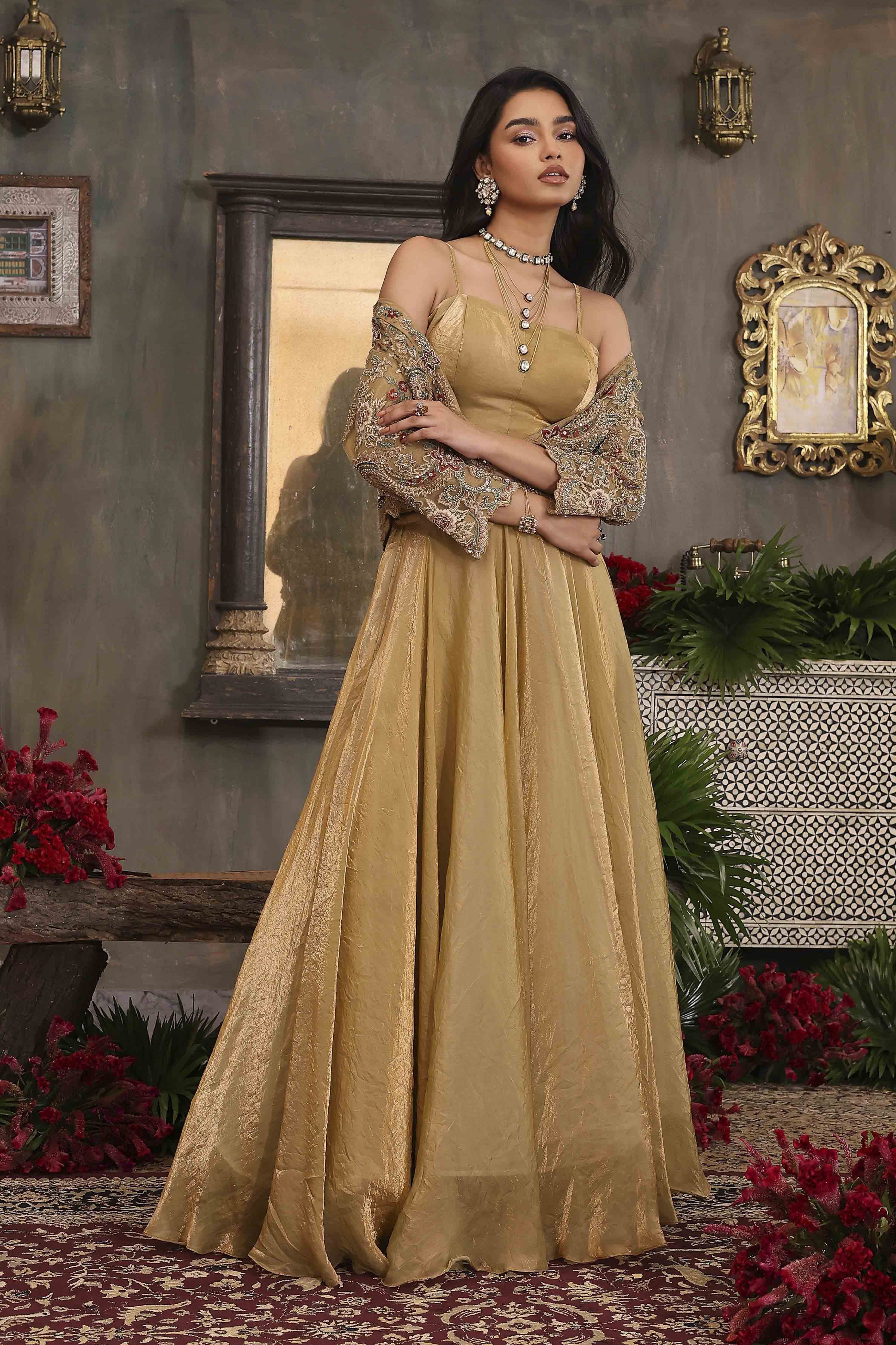 Gold Toned Art Silk Solid Lehenga Set With Jacket image number 0